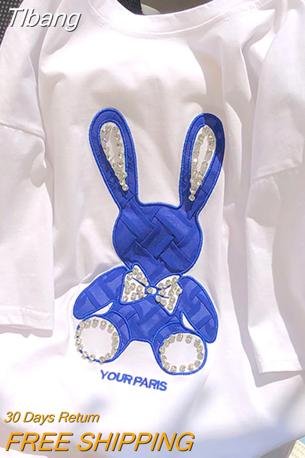 Tlbang Diamonds Crystal Rabbit Embroidery Cute T Shirts for Women High Street Kawaii Ladies Tops Korean Fashion Summer Loose