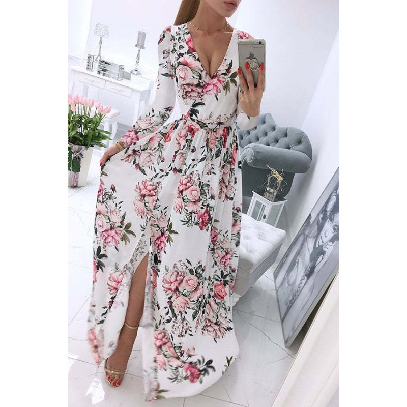 Searchwombat New Summer Long Dress Printed V-neck Chiffon Long-sleeved Dress Bohemian Style Full Skirt Dress