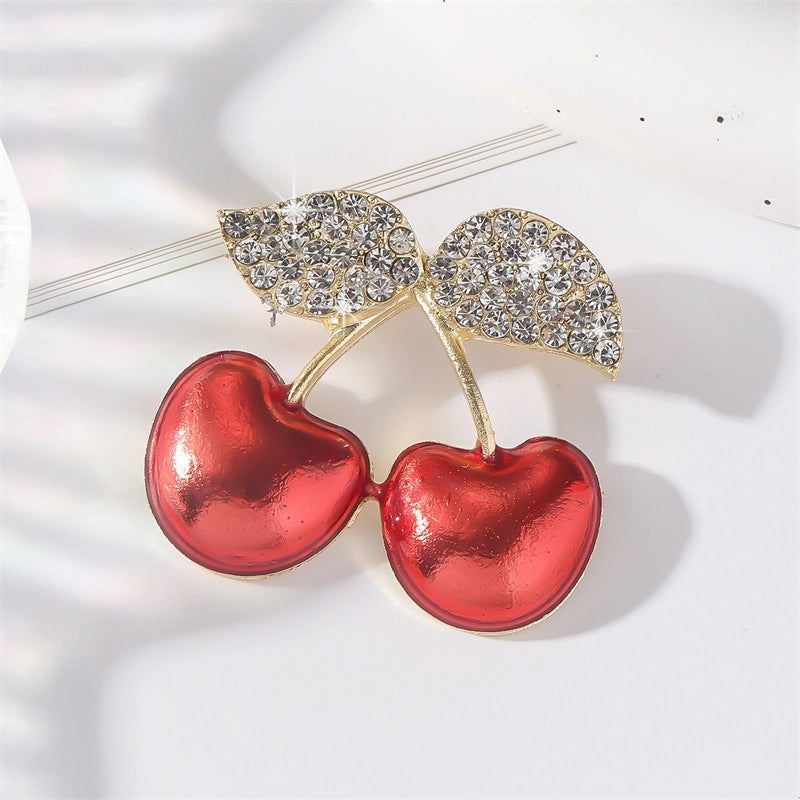 Full Diamond Dropping Oil Cherry Brooch Fruit Cute Rhinestone Corsage Pin Autumn And Winter Sweater Accessories Elegant Coat Pin