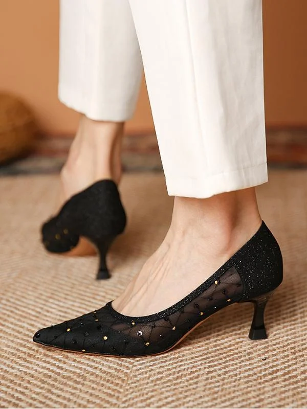 Side hollow pointed toe shallow mesh lace fashion stiletto heels