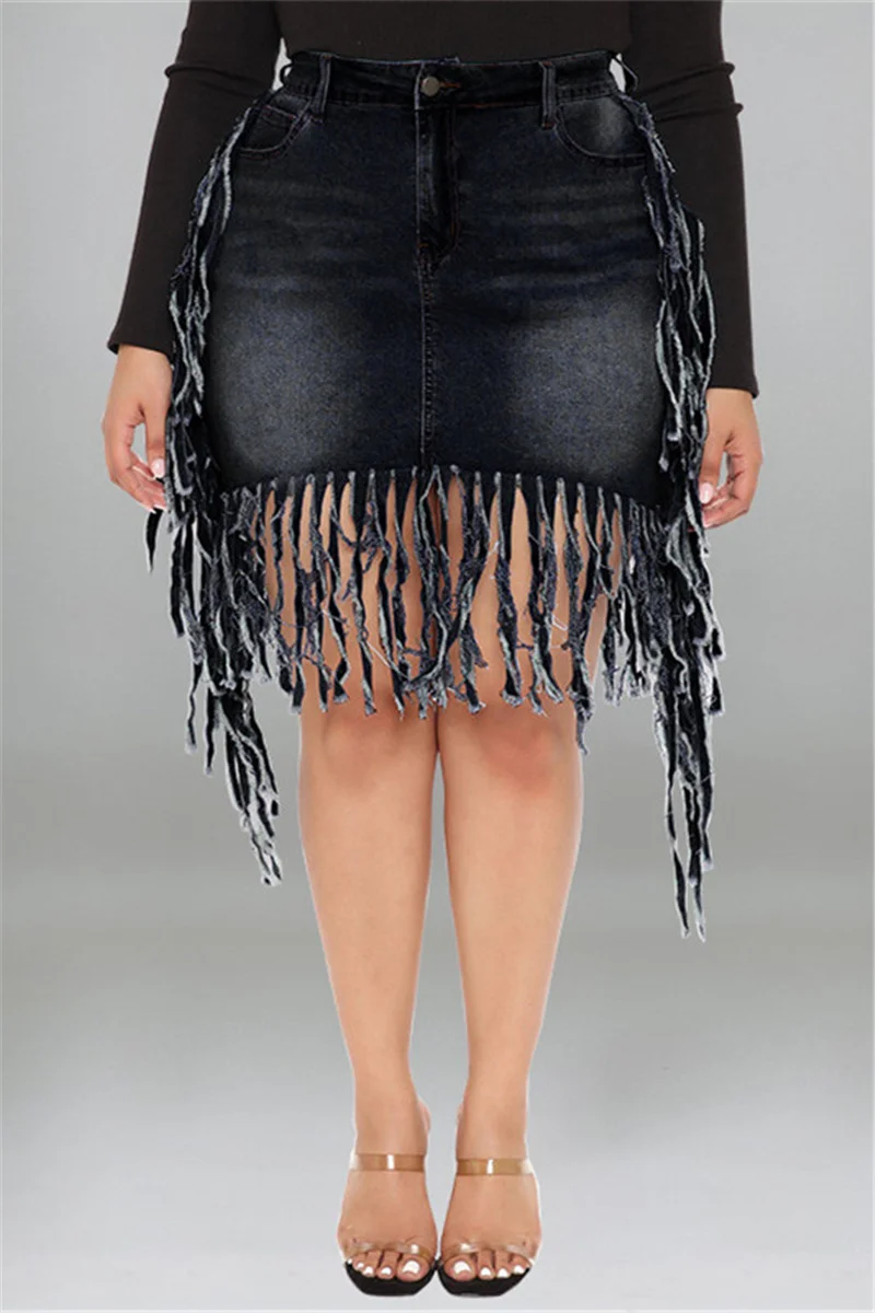 Black Fashion Casual Solid Tassel Plus Size Denim Skirt | EGEMISS