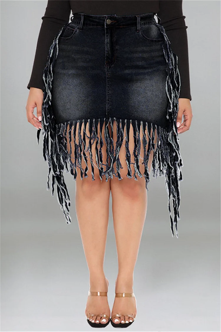 Black Fashion Casual Solid Tassel Plus Size Denim Skirt