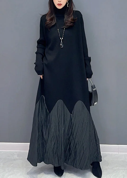 French Black Embroidery Tunic Stand Collar Patchwork Plus Size Spring Dresses main image 1