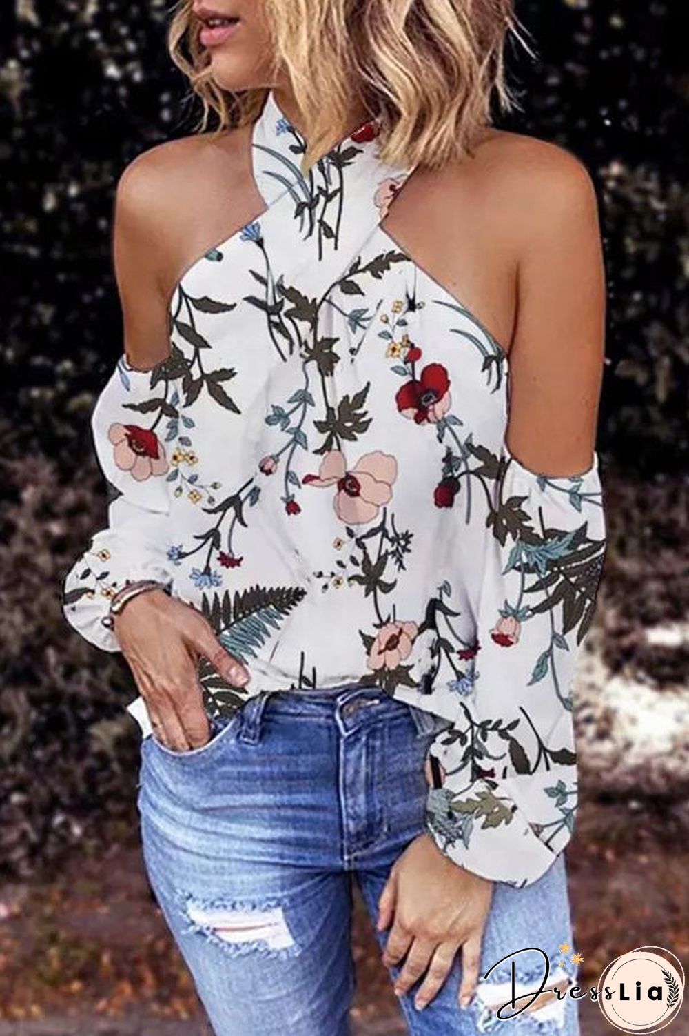 Patterned Off-shoulder Long-sleeved Top P13881