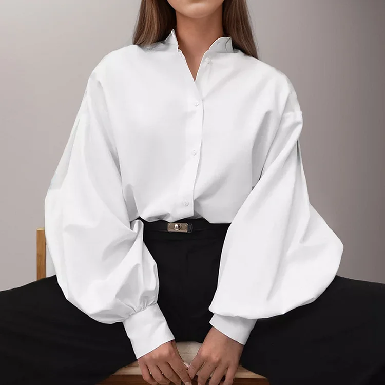 Minimalist Solid Color Lantern Sleeve Lapel Shirt