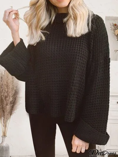 Waffle-Knit Turtleneck Round Neck Sweater