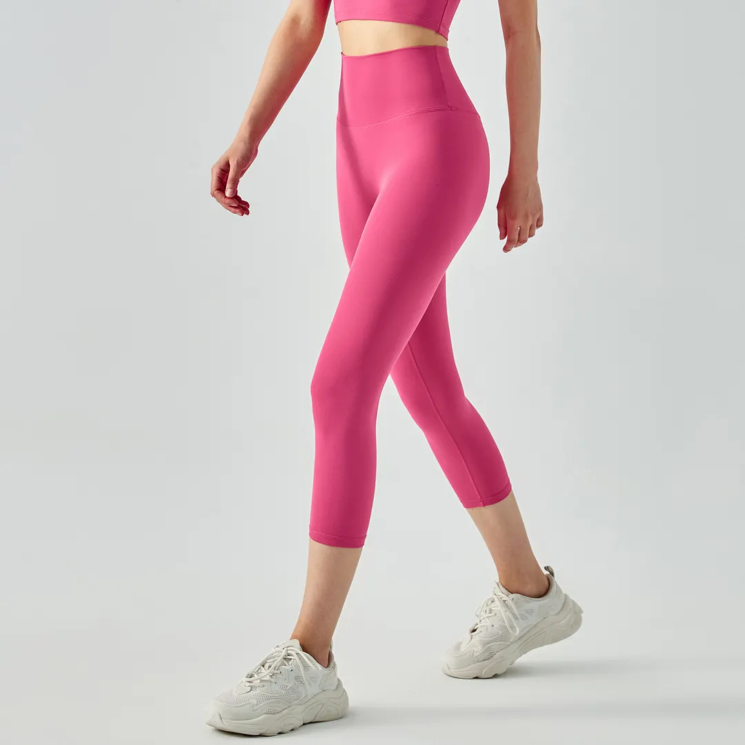 Buy no camel toe high waist buttery soft brushed stretchy yoga capri leggings of high quality on Hergymclothing Pink Lychee