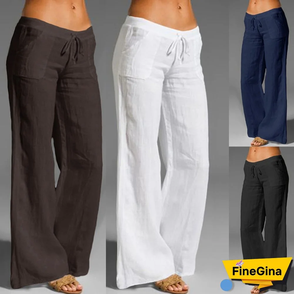 Women Casual Loose Long Pants Wide Leg Elastic Waist Cotton Linen Flared Yoga Trousers Plus Size Palazzo