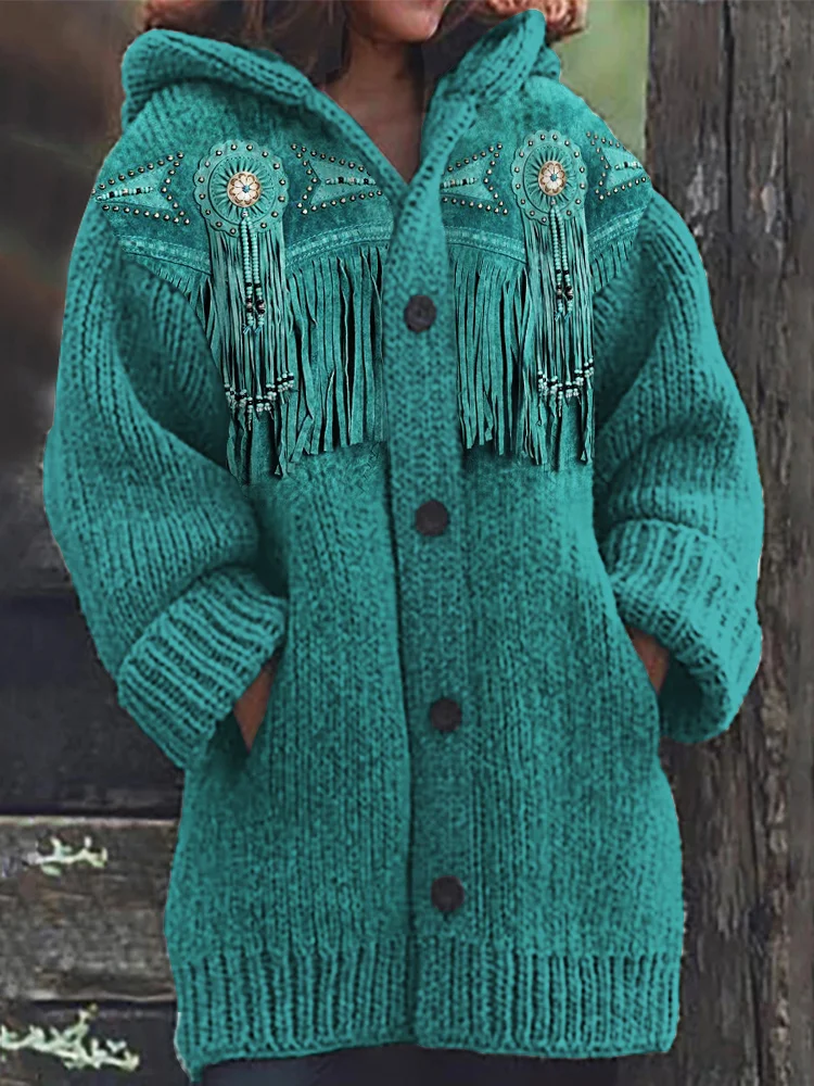 VChics Western Turquoise Beaded Tassels Cozy Hooded Cardigan
