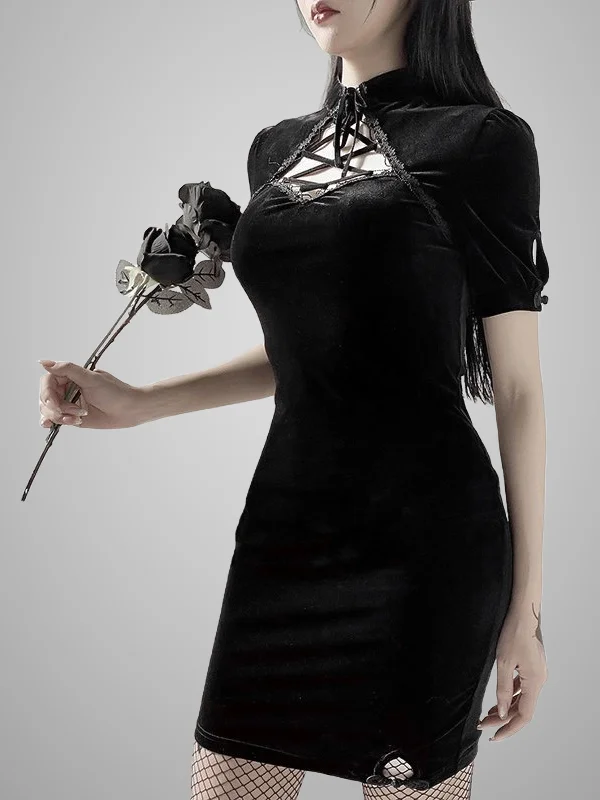 Gothic Dark Vintage Velvet Hallow Out Slim Midi Dress