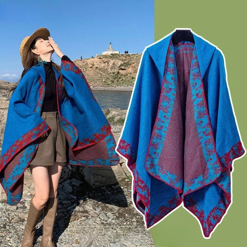 Ethnic Style Hooded Cape Women’s Yunnan Tibet Western Sichuan Grassland Bohemia Travel Wear Scarf Coat