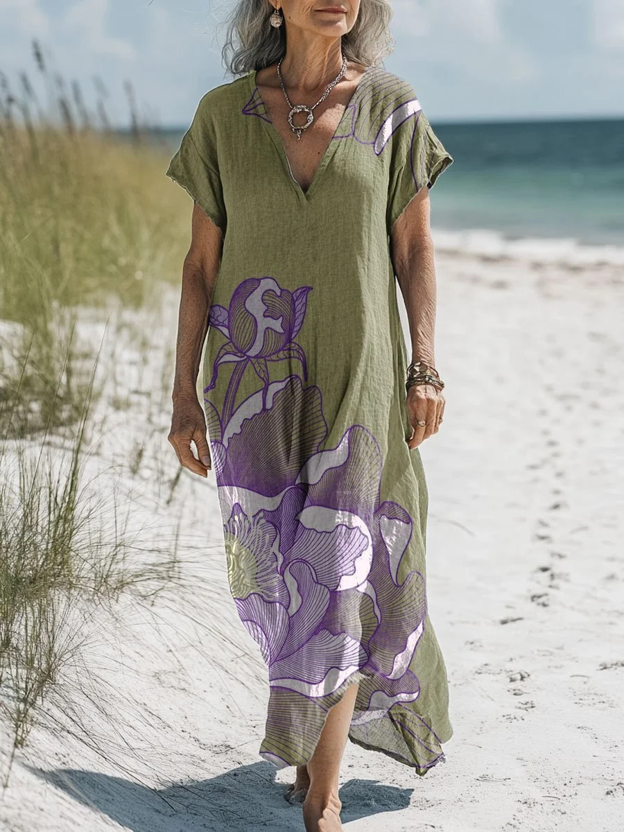 Women's Vintage Floral Stroke Art Print Pocket Cotton Dress