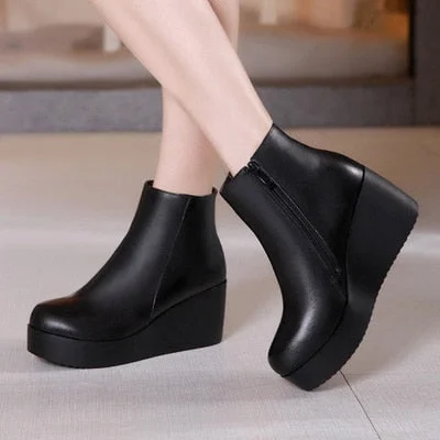 2021  Leather Autumn Winter Boots Shoes Women Ankle Boots Female Wedges Boots Women Boot Platform Shoes Warm