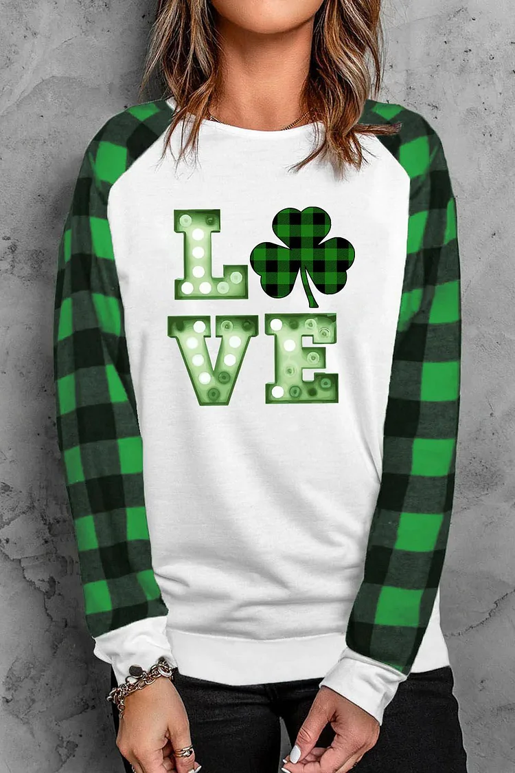 St. Patrick Love Clover Plaid Long Sleeve Top