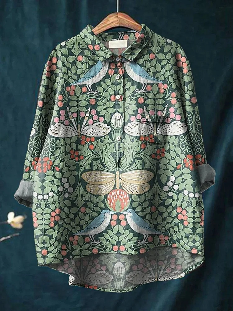 Vintage Ethnic Lovely Birds Floral Art Print Casual Cotton And Linen Shirt