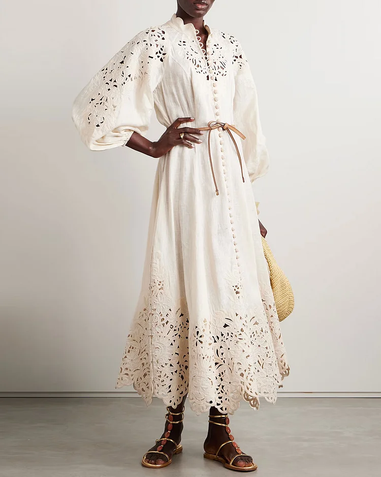 Belted broderie anglaise linen midi dress