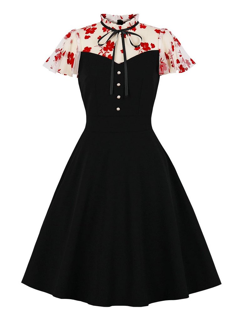 Mayoulove Women's Dress Floral Mesh Pitchwork Stand-up Collar A-line Prom Dress-Mayoulove