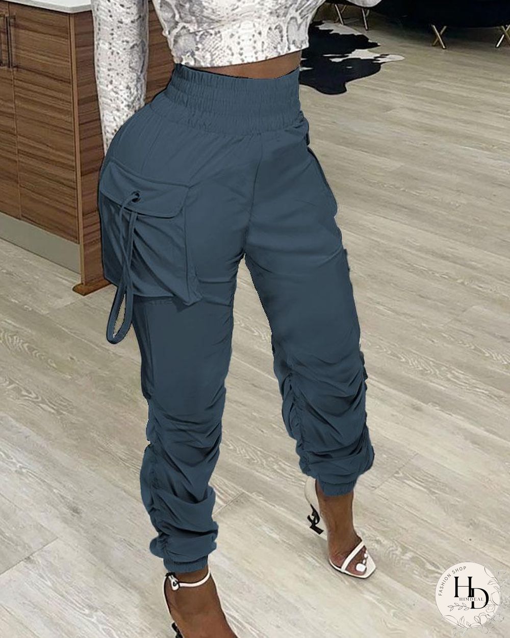 Pocket Design Ruched Plain Pants P14088
