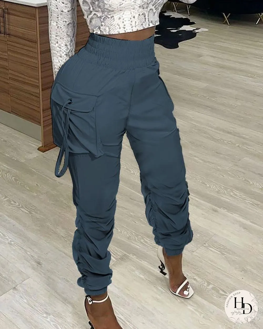 Pocket Design Ruched Plain Pants P14088