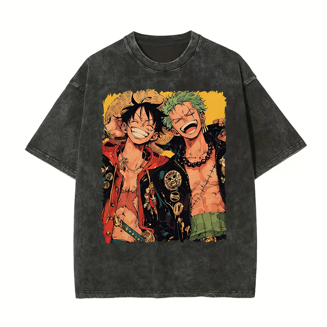 One Piece Luffy And Zoro Anime Oversize Washed T-Shirt