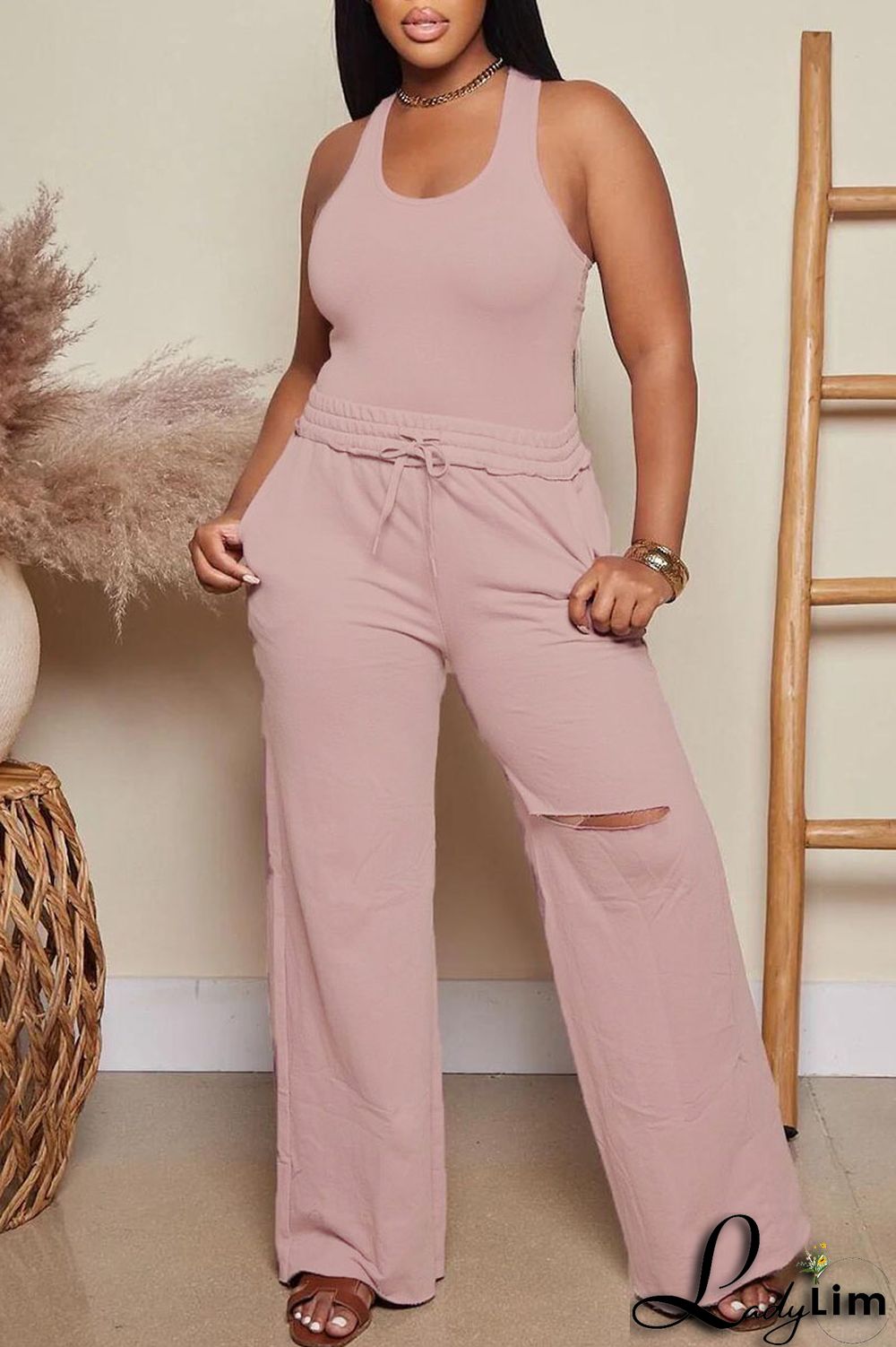 Black Casual Solid Ripped Patchwork U Neck Sleeveless Two Pieces