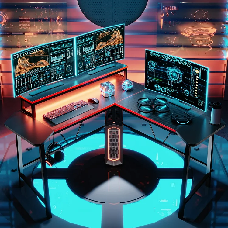 Bestier 57 inch L-Shaped LED Gaming Desk with Monitor Stand & Headset Hook- Home Office Corner Desk ,Carbon Fiber Black