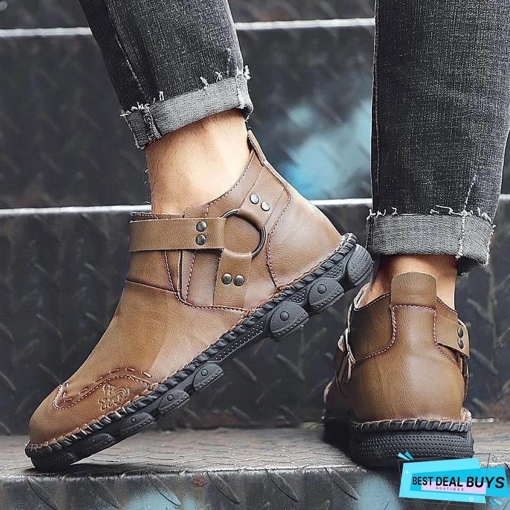 Large Size Hand Stitching Genuine Leather Non-Slip Retro Ankle Boots