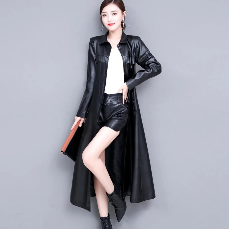 FTLZZ New Women Sheepskin Genuine Leather Long Jacket Thicken Coat Single Breasted Leather Trench Coat Outerwear Female