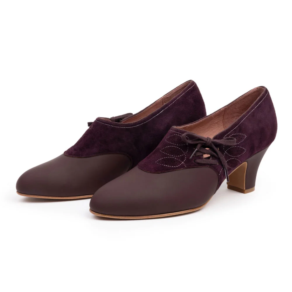 Purple Patchwork Side Lace Up Round Toe Chunky Heel Vintage Shoes