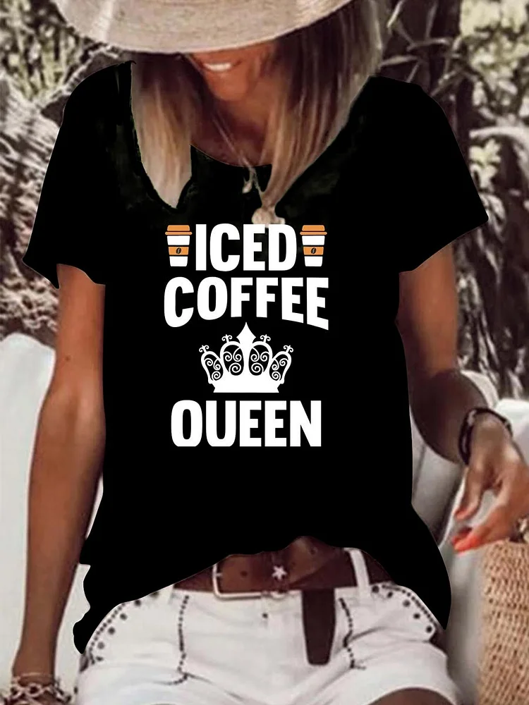 Womens Iced Coffee Queen Raw Hem Tee-Annaletters