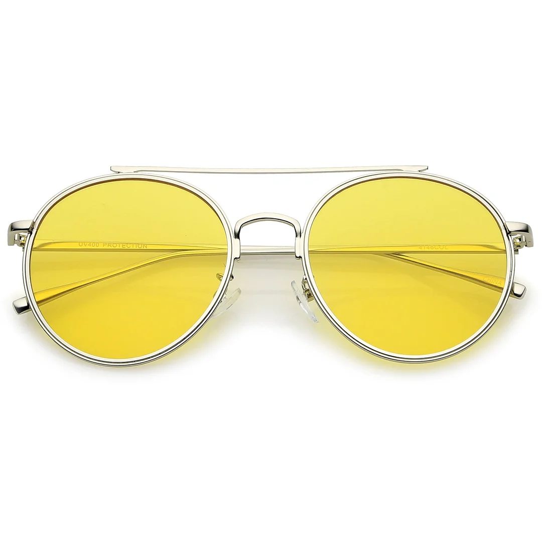 Modern Metal Crossbar Slim Temple Colored Flat Lens Round Aviator glasses 54mm