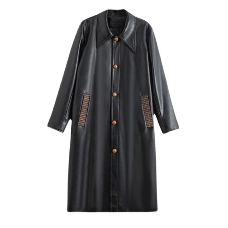 Fashion Solid Color Peter Pan Collar Single-breasted Pockets Long Sleeve PU Leather Trench Coat