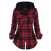 Women's Zipper Plaid Pocket Hooded Shirt Jacket Red