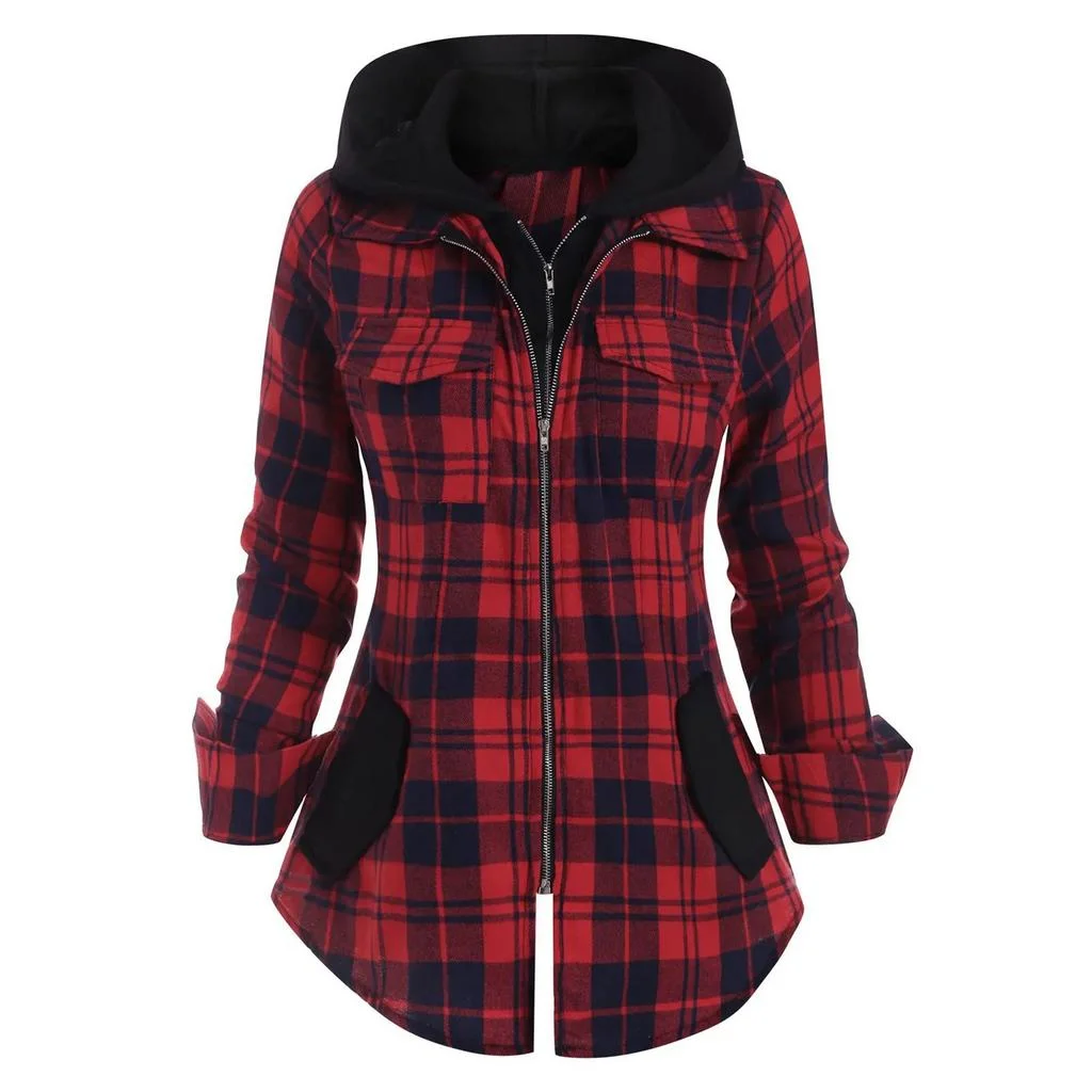 Women's Zipper Plaid Pocket Hooded Shirt Jacket Red