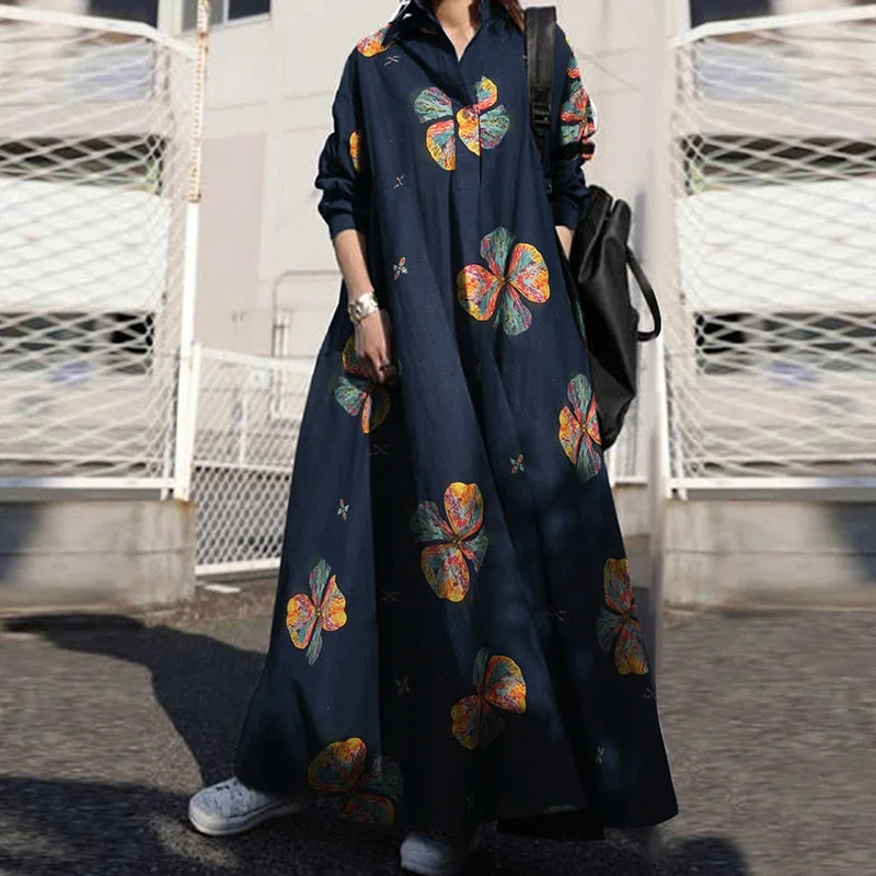 ZANZEA Autumn Stylish Women Vintage Long Sleeve Loose Sundress 2022 Casual Long Maxi Dress Kaftan Femme Solid Party Vestido Robe