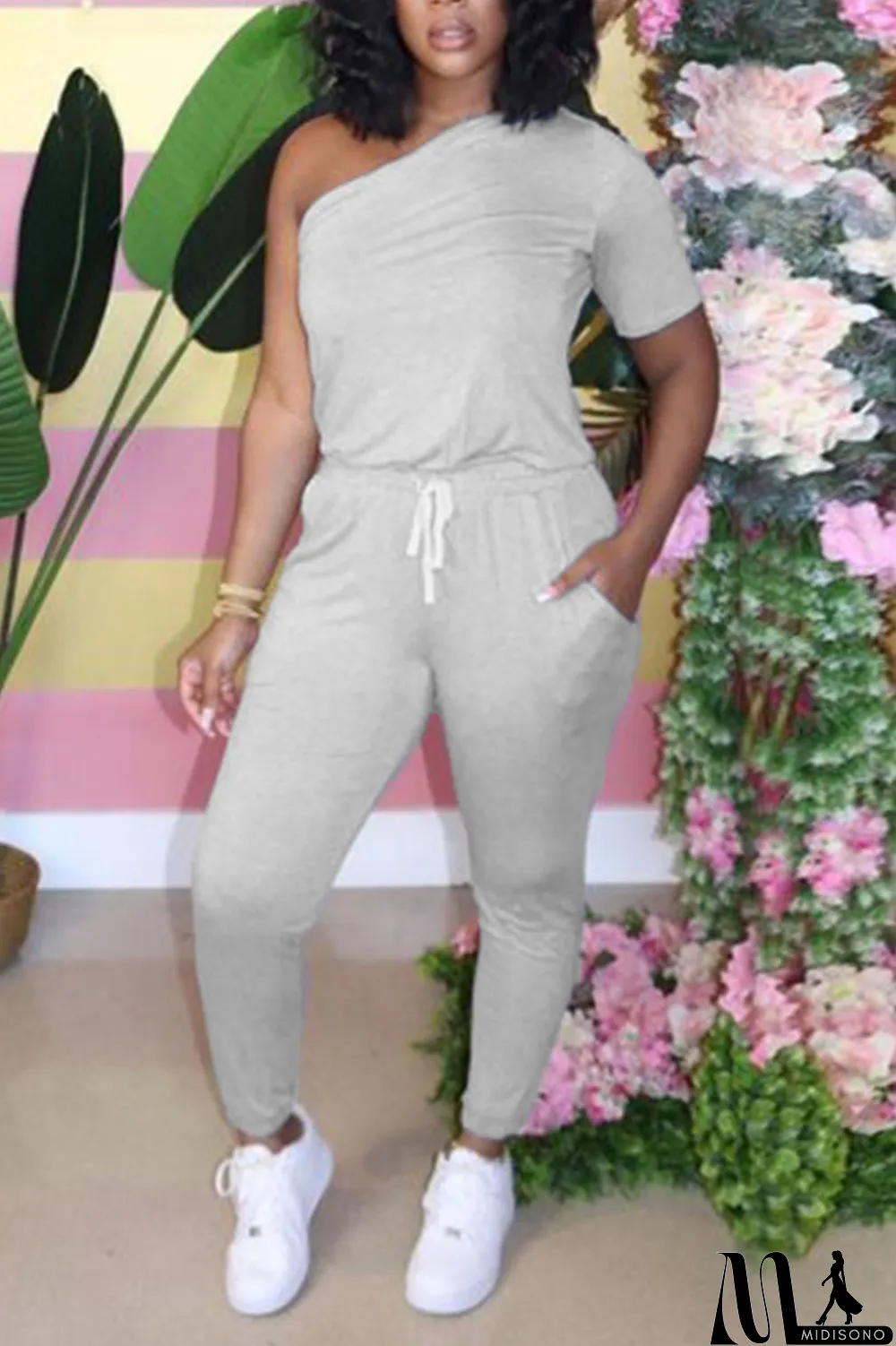 MidiSono - Black Fashion Sexy Fitted One Shoulder Short Sleeve Jumpsuit