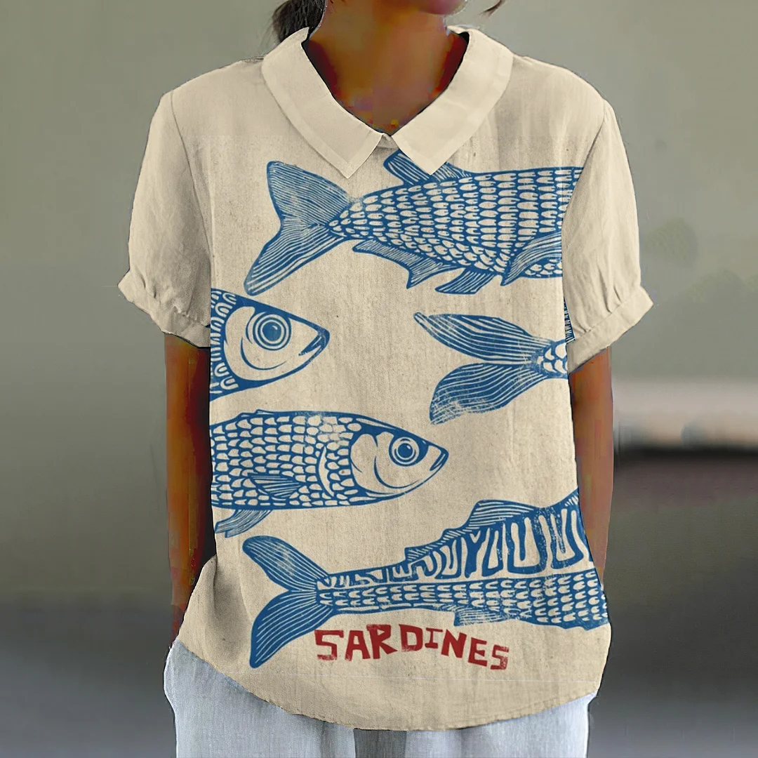 Retro Sardines Fish Art Pattern Printed Casual Women's  Cotton Linen Shirt