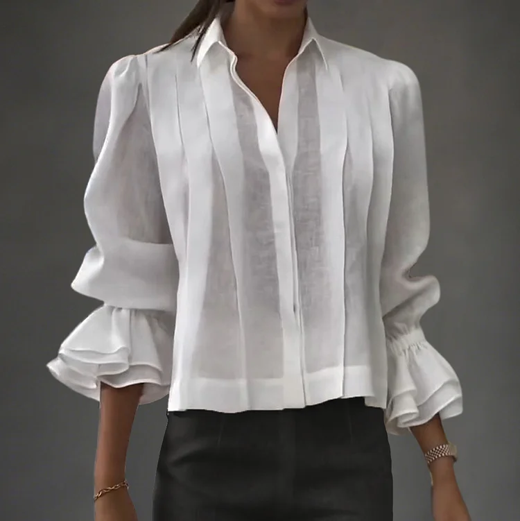 Casual Pleated Shirt Collar Ruffle Sleeve Blouse
