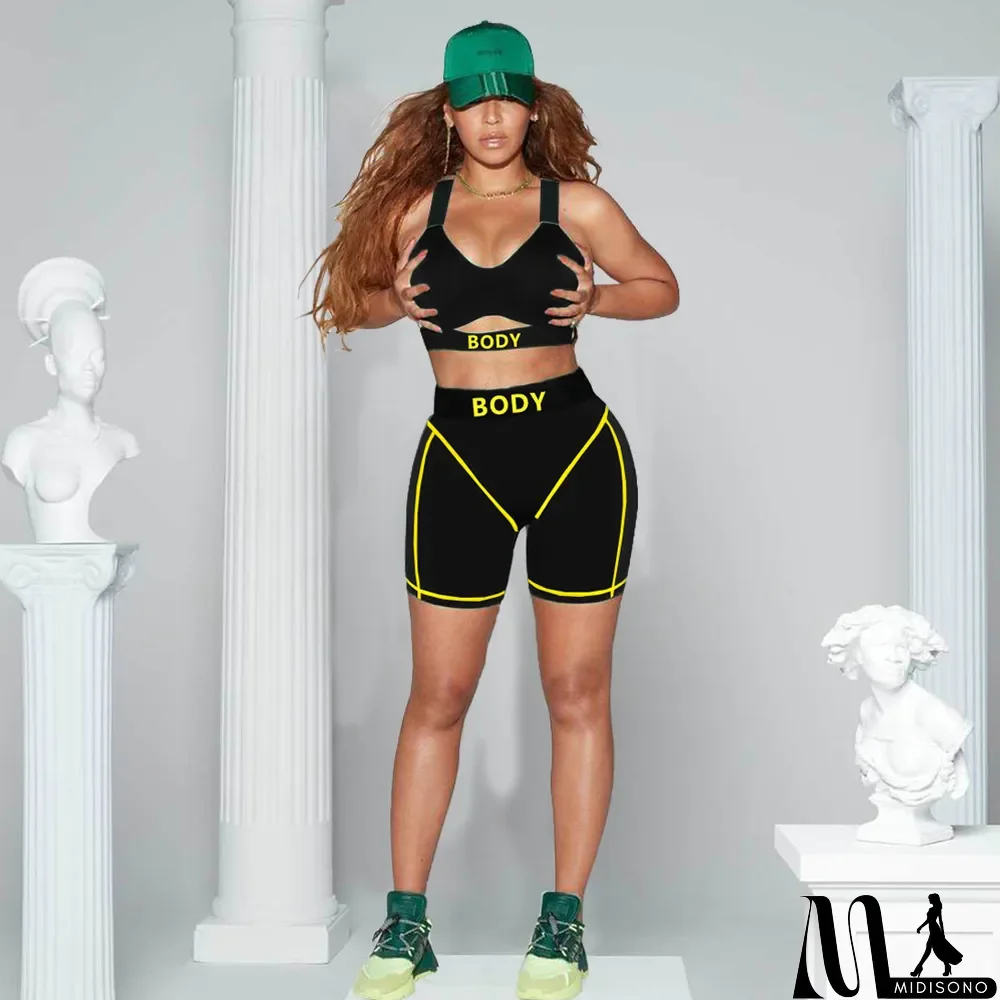 MidiSono - Letter Print Casual Sports Two Piece Shorts Set