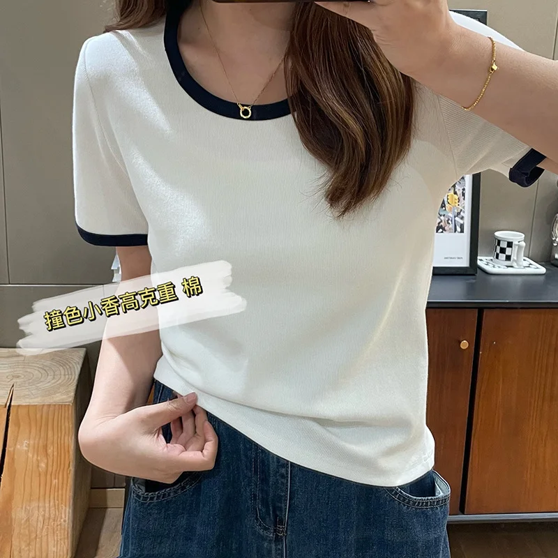 Wongn Color Threaded Round Collar Short-Sleeved T-Shirt Women's New Slim And Unique Chic Blouse In Spring And Summer