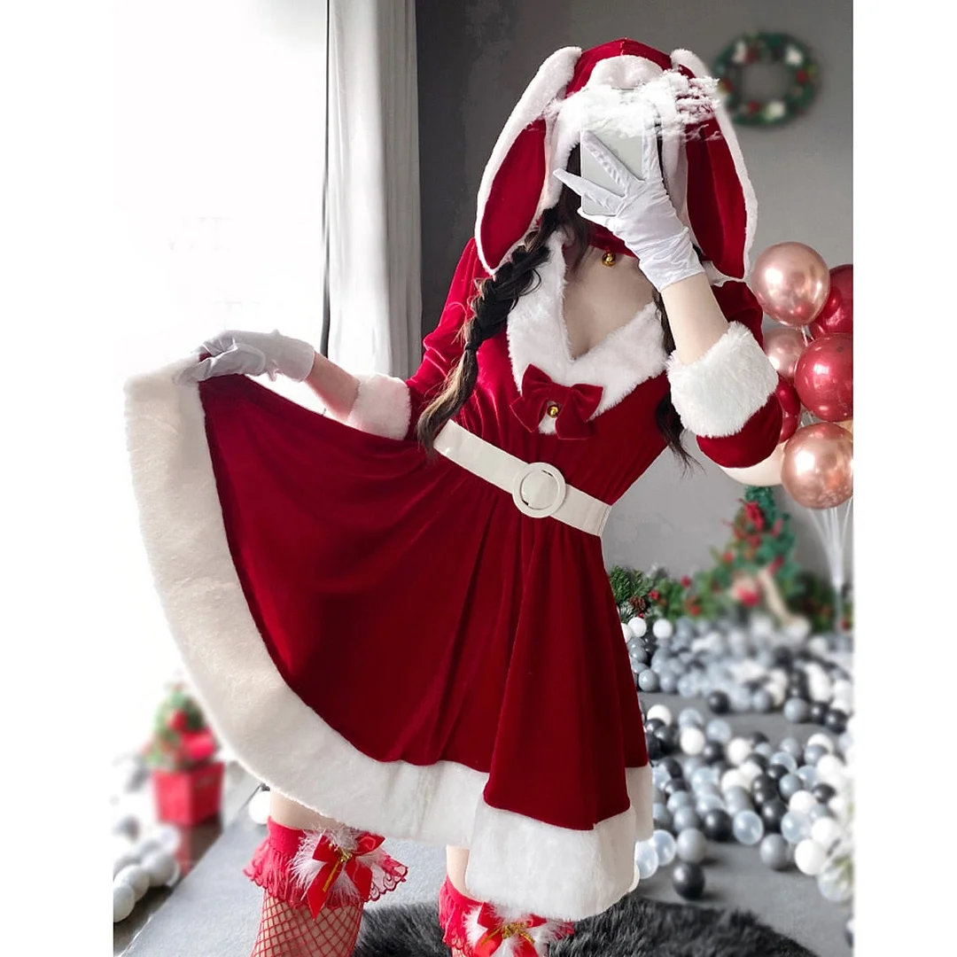 Billlnai 2023 Women Christmas Xmas Lady Santa Claus Cosplay Costume Sexy Lingerie Winter Long Sleeve Red Dress Maid Bunny Girl Uniform