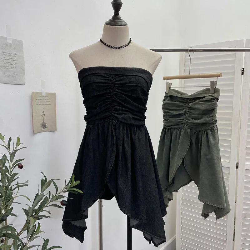 Uveng Real Shooting Niche Hottie Sexy Breast-Wearing Waist Folded Open Fork Water Washing Denim Wrapped Breastless Sleeveless Top 2636