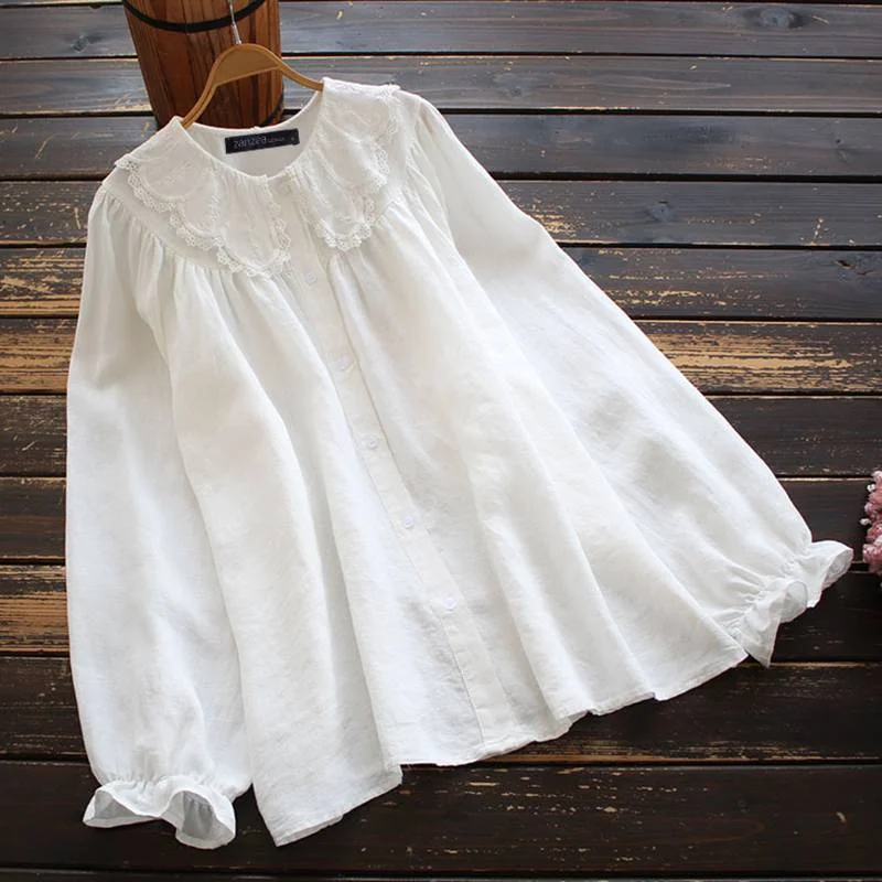 Oversized Tunic Tops ZANZEA Vintage Women Lace Crochet Blouse Spring Long Sleeve Buttons Shirt Solid Blusas Casual Loose Chemise