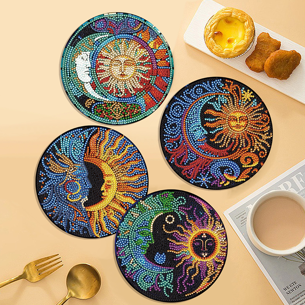4Pcs DIY Sun And Moon Diamond Painting Placemat With Holder
