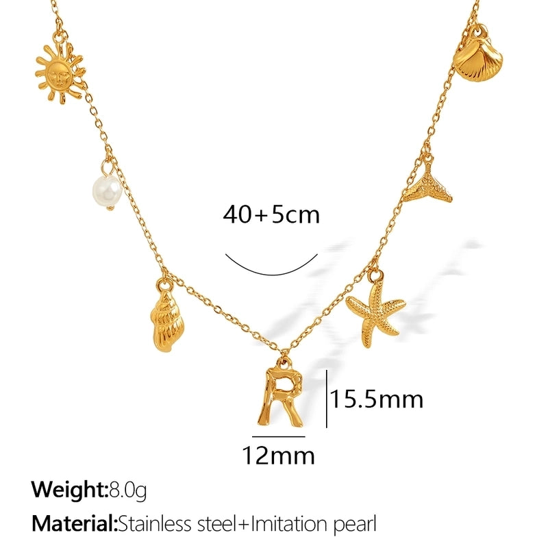 Beach Starfish 304 Stainless Steel Artificial Pearls 18K Gold Plated Polishing Inlay Pendant Necklace
