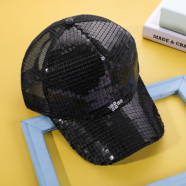 Solid Hollow Out Sequins Baseball Cap-Black