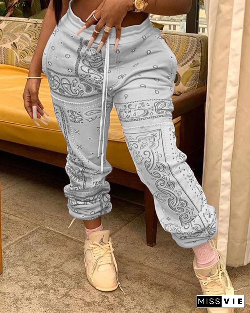 Paisley Print Drawstring Ruched Pants P13843