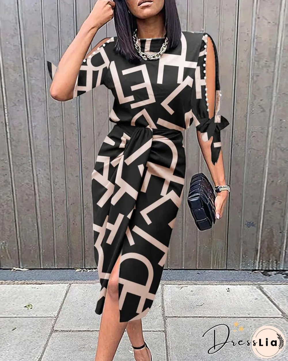 Leaf Print Pearls Decor Knotted Work Dress