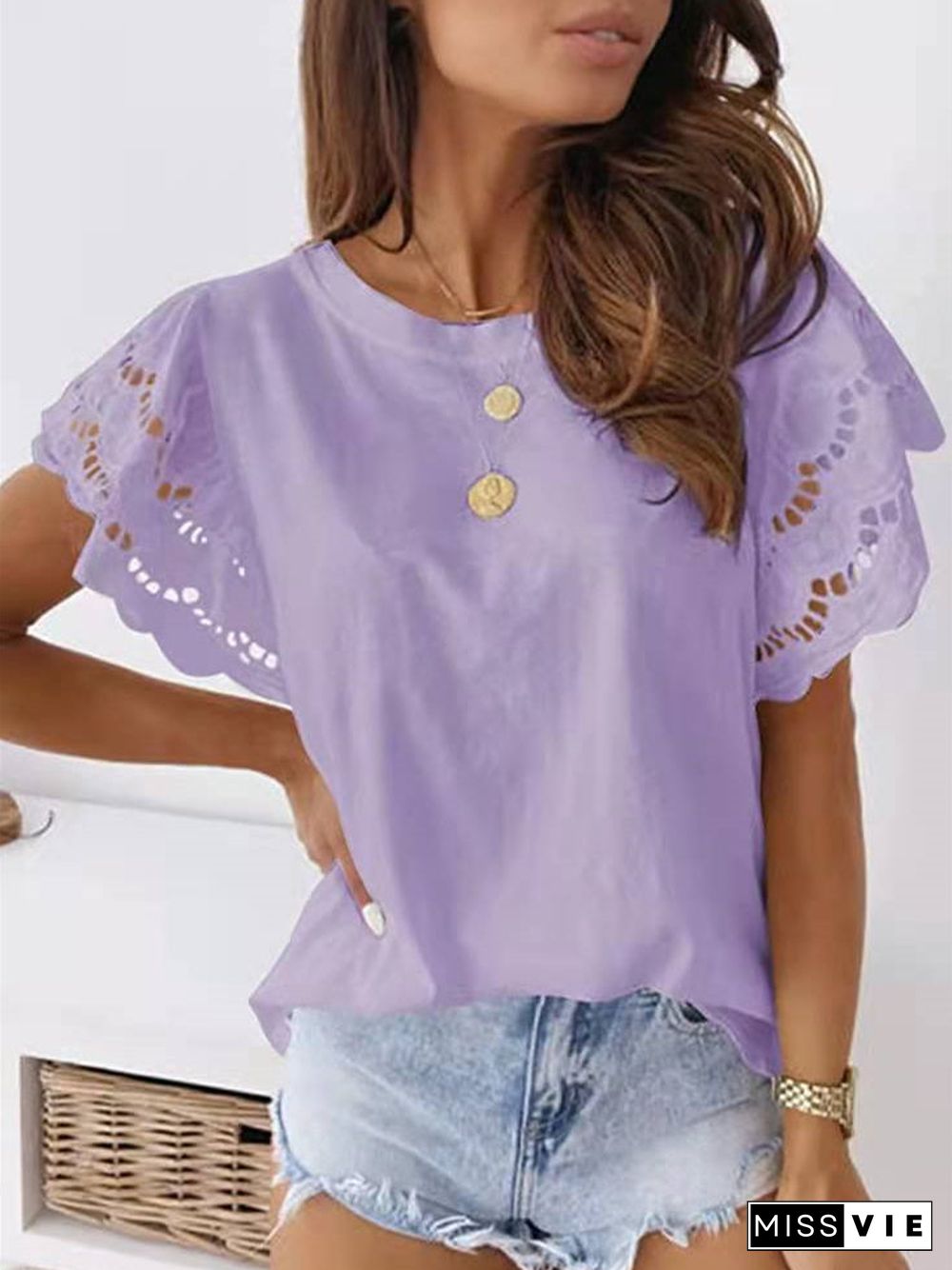 Round Neck Loose Flared Sleeve Solid Color Top