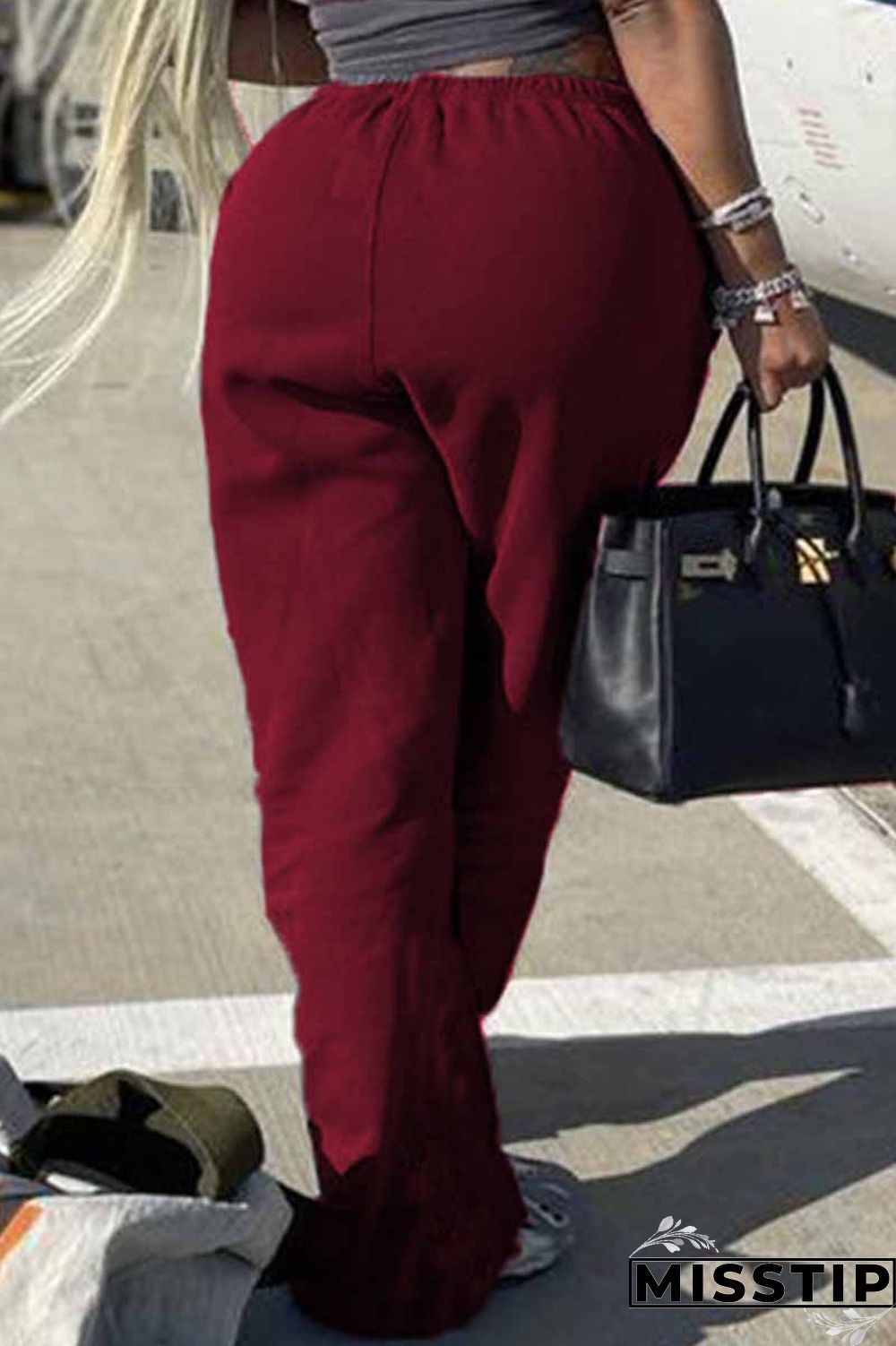 Burgundy Street Print Patchwork Straight Bottoms